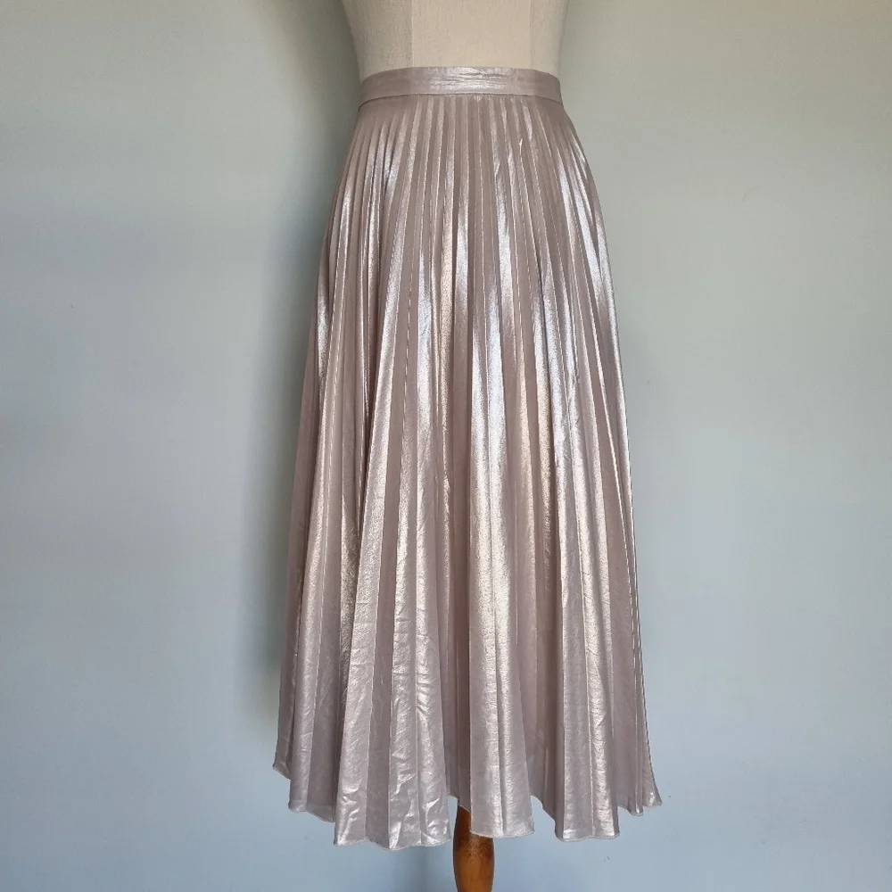 Forever New Metallic Beige Pleated Midi Skirt fits Size 14 - Picture 2 of 9